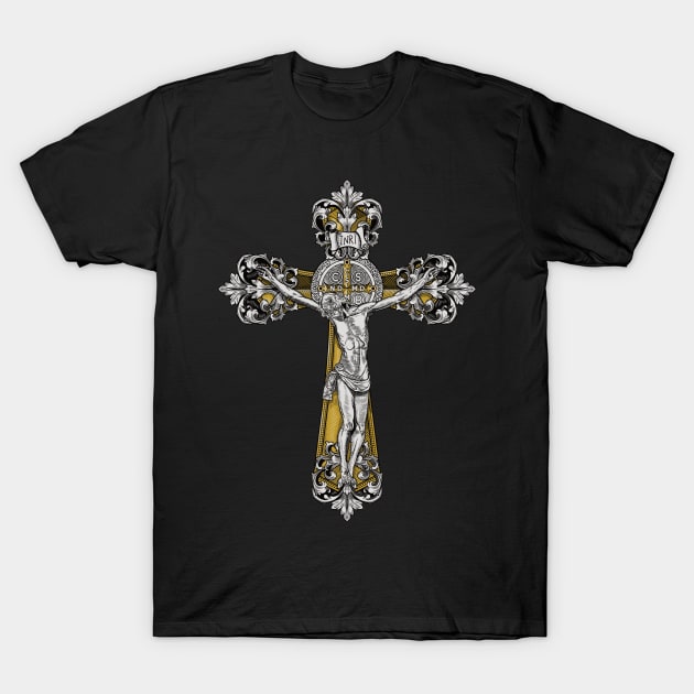 St Benedict Cross Crucifix T-Shirt by Beltschazar